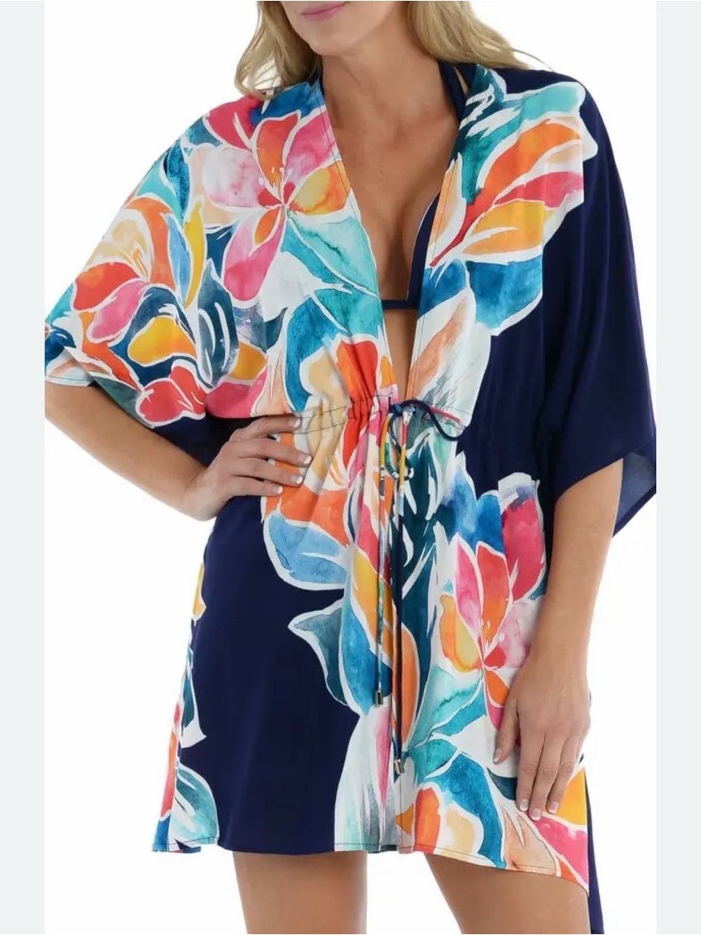 La Blanca Petals Watercolor Floral Tie-Front Kimono Caftan Cover-Up OS